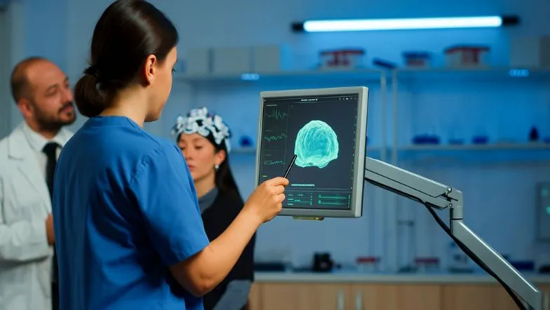 Como a Inteligência Artificial está redefinindo diagnósticos e tratamentos na saúde 11 Profissional de saúde analisando imagem cerebral em tela com apoio da inteligência artificial.