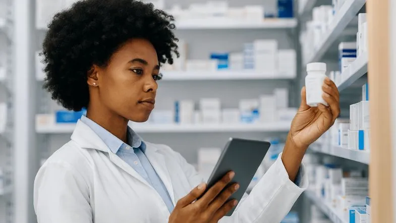 Profissões do futuro na saúde: o que o mercado vai exigir até 2030 8 Farmacêutica segurando medicamento e utilizando tablet para controle farmacêutico e prescrição digital.