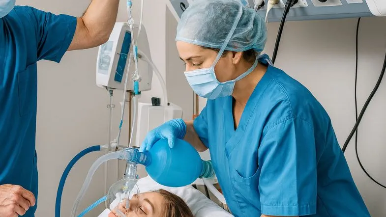 Fisioterapeuta realiza ventilação manual em paciente internado na UTI.