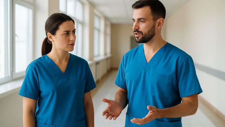 5 erros de liderança que podem desmotivar sua equipe (e como corrigir) 8 Líder e colaboradora conversando no hospital sobre estratégias de comunicação e feedback.