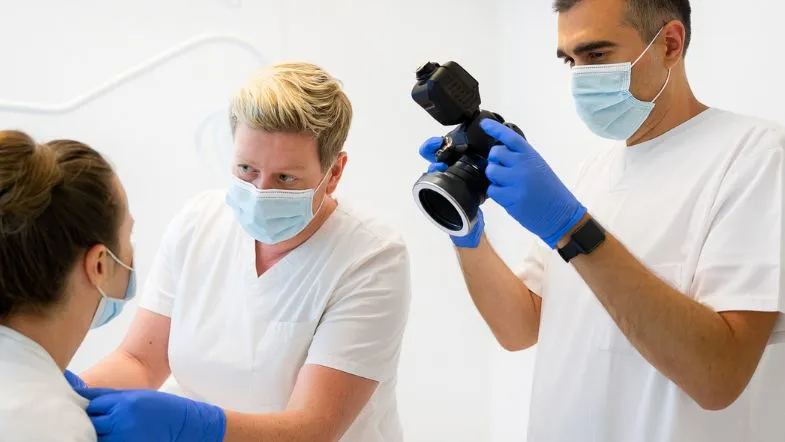 Equipe de profissionais realiza registro fotográfico de lesões clínicas, parte do processo de coleta de evidências em perícia judicial.