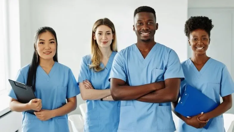 Equipe multiprofissional de saúde representando diversidade e inclusão em instituições hospitalares sustentáveis.