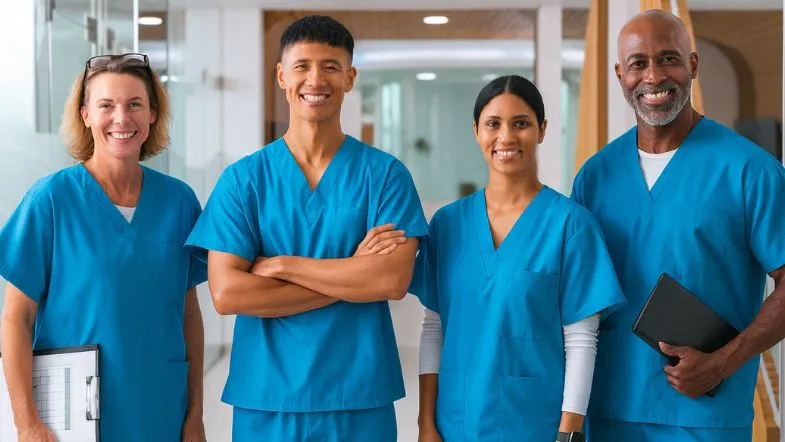 Especialização na área da saúde: conheça 6 caminhos de sucesso profissional 9 Equipe multiprofissional da saúde sorrindo em hospital, simbolizando crescimento de carreira e especialização técnica.