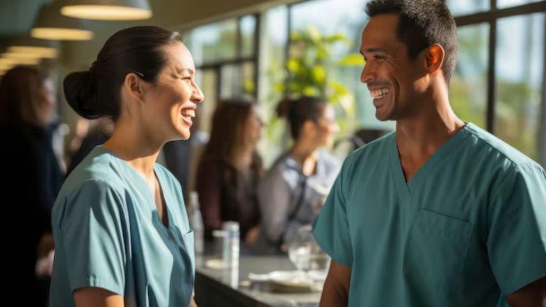5 erros de liderança que podem desmotivar sua equipe (e como corrigir) 9 Colegas de trabalho sorrindo durante uma conversa, representando relações saudáveis na liderança.