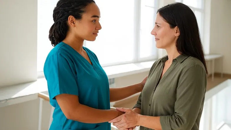 Enfermeira segurando as mãos de paciente mulher, transmitindo apoio emocional e confiança no cuidado.