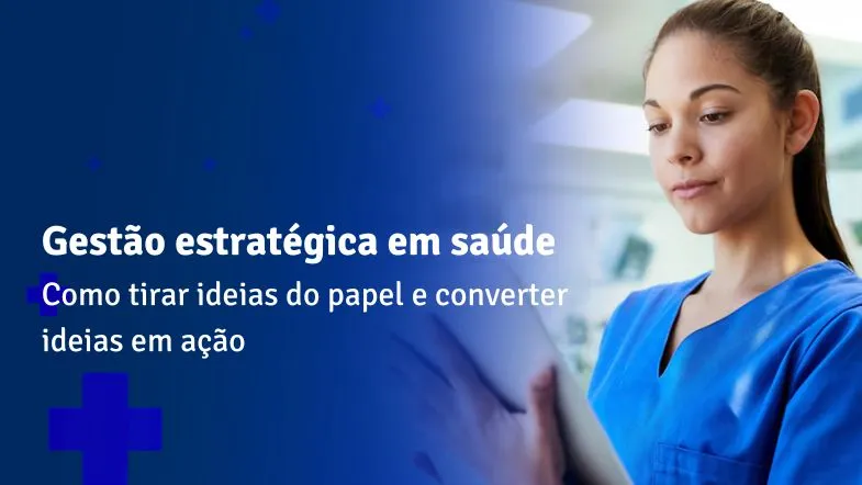 Enfermeira observando informações em tablet, simbolizando planejamento estratégico e tomada de decisão na gestão da saúde.