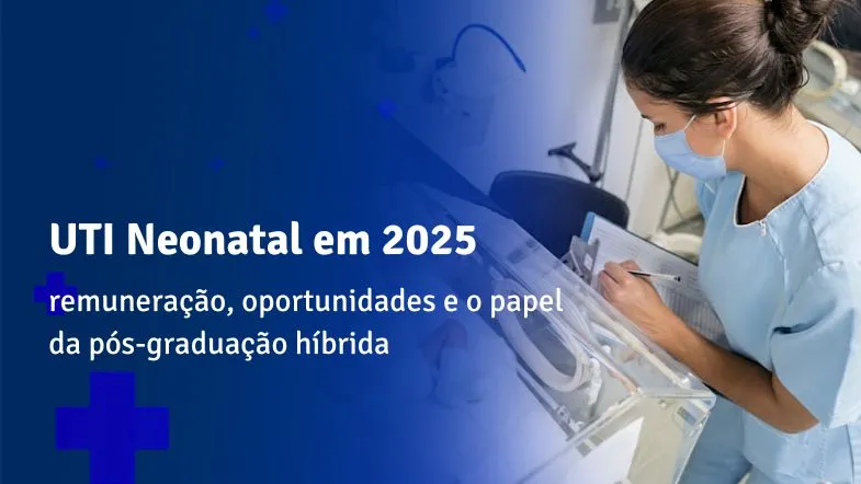 Profissional de saúde analisando prontuário ao lado de incubadora neonatal em ambiente de UTI Neonatal.