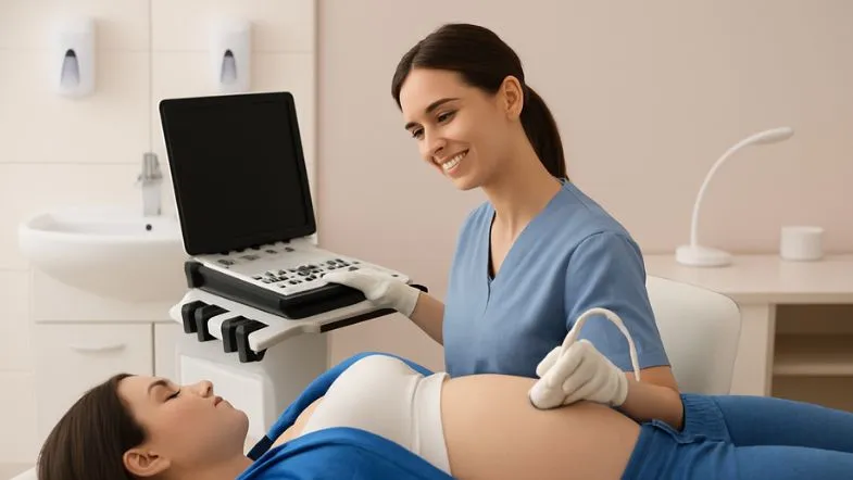 Enfermeira obstetra realizando ultrassom em gestante durante consulta de pré-natal.