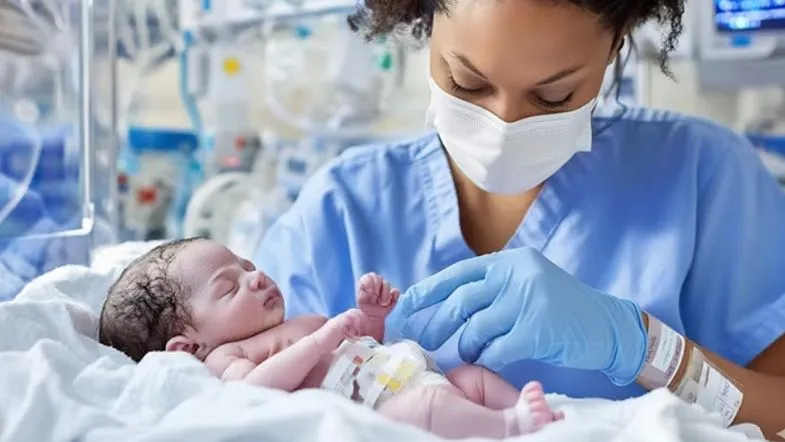 Carreira na UTI Neonatal em 2025: remuneração, oportunidades e o papel da pós-graduação 6 Profissional de saúde realizando cuidados em um recém-nascido em incubadora na UTI Neonatal.