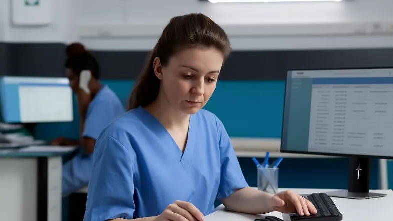 Gestão além das empresas: 7 áreas para crescer na carreira em 2025 6 Profissional de saúde atuando na área administrativa em ambiente hospitalar