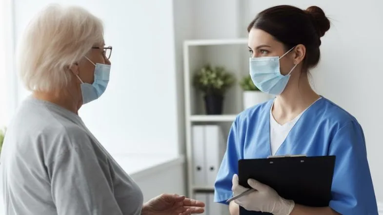 Câncer pode crescer 75% até 2050: como isso impacta a urgência e emergência? 6 Enfermeira atendendo paciente idosa em ambiente clínico, ambas usando máscara, simbolizando assistência humanizada em urgência oncológica.
