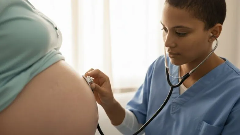 Enfermeira obstetra auscultando batimentos do bebê em gestante, durante exame físico.