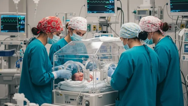 Apgar, reanimação e ventilação: o guia completo da prática em UTI Neonatal e Pediátrica em 2025 7 Equipe de profissionais de saúde utilizando máscaras e aventais ao redor de incubadora com recém-nascido na UTI Neonatal.