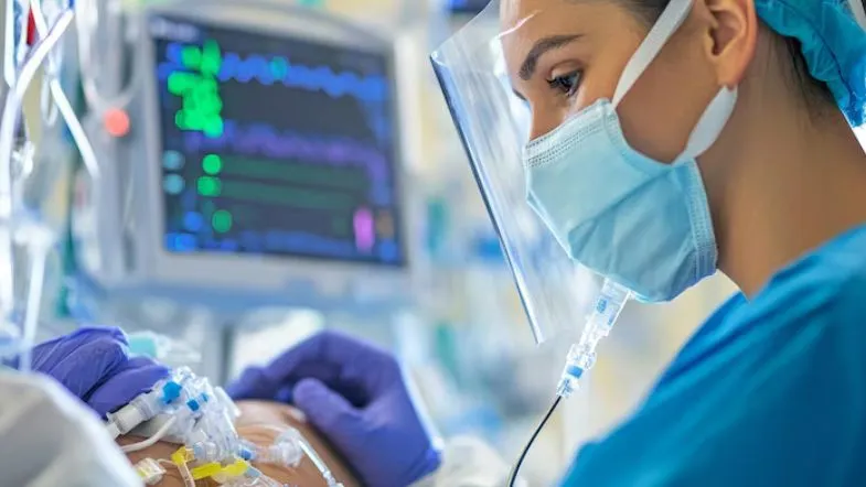 Profissional de saúde monitorando paciente crítico com suporte ventilatório em UTI moderna.