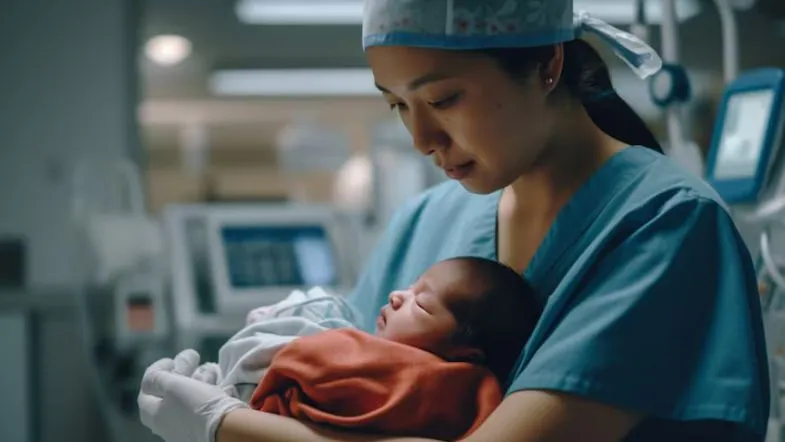 Enfermeira obstétrica segurando recém-nascido em maternidade, representando o cuidado e o vínculo no parto humanizado.