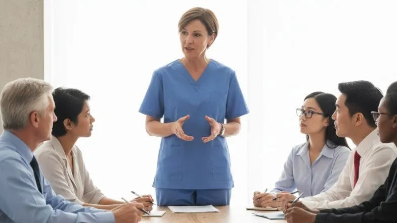 Gestora da saúde apresentando estratégias e orientações para equipe multidisciplinar em reunião formal.