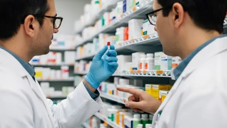 Farmácia Clínica em 2025: a regulamentação que ampliou o protagonismo do farmacêutico 7 Dois farmacêuticos avaliando medicamentos em prateleiras e discutindo opções terapêuticas.