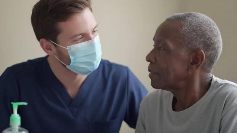 Câncer pode crescer 75% até 2050: como isso impacta a urgência e emergência? 8 Enfermeiro conversando com paciente idoso, ambos de máscara, em contexto de cuidado crítico e acolhimento.