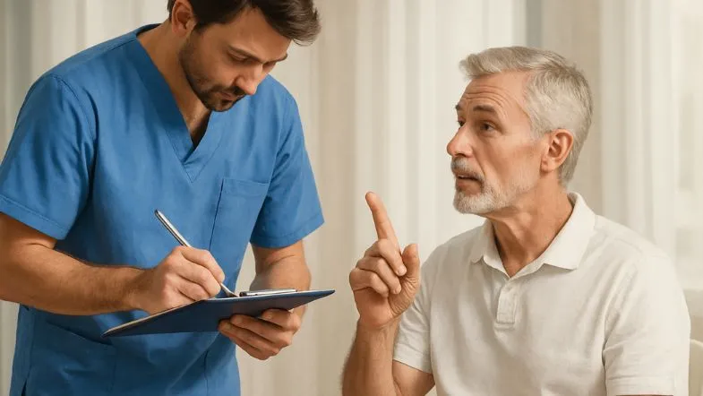 Profissional de saúde conversando com homem adulto, anotando informações clínicas durante atendimento preventivo.