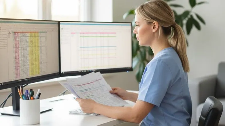 Profissional da saúde analisando gráficos e planilhas em dois monitores durante atividade de gestão estratégica.