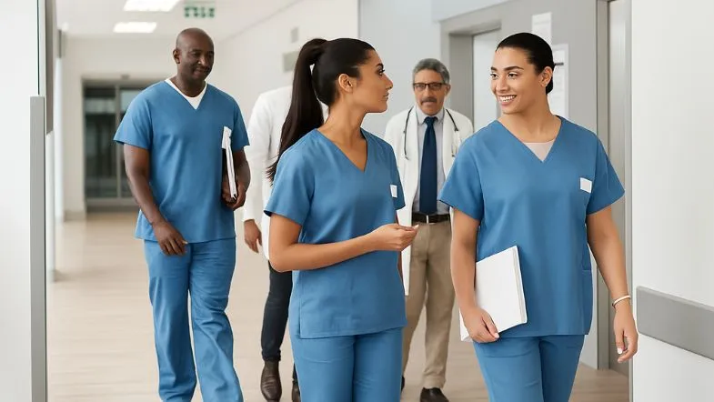 Equipe multidisciplinar de profissionais de saúde caminhando pelo corredor do hospital, simbolizando colaboração e cuidado integrado.