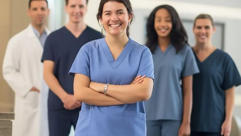 Câncer pode crescer 75% até 2050: como isso impacta a urgência e emergência? 9 Equipe multiprofissional de saúde, com enfermeira ao centro, representando liderança em urgência e emergência.