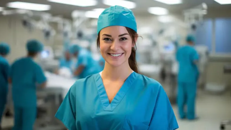 Enfermeira obstetra sorridente em hospital, simbolizando formação e excelência profissional na humanização do parto.