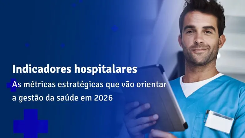 Profissional da saúde em scrub azul utilizando tablet com dados de indicadores hospitalares e gestão em saúde.