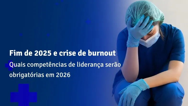 Profissional de saúde sentada, com equipamentos de proteção, demonstrando exaustão física e emocional, simbolizando burnout no fim de 2025.
