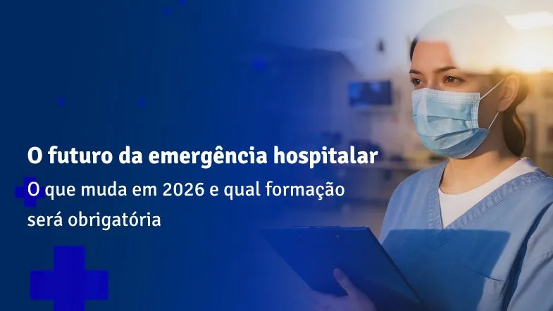 Enfermeira com máscara observando setor de emergência em hospital moderno.