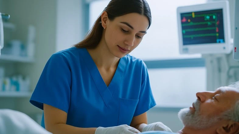 As áreas da enfermagem com maior demanda em 2026: por que a Urgência e Emergência lidera 6 Enfermeira em atendimento assistencial a paciente hospitalizado, simbolizando a atuação clínica da enfermagem em urgência e emergência.