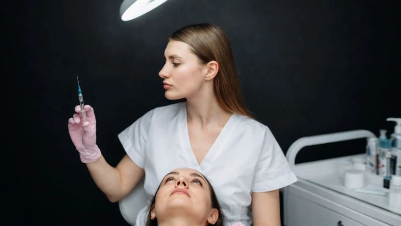 Profissional de saúde aplicando procedimento injetável em clínica estética, com foco em segurança, técnica e precisão clínica.
