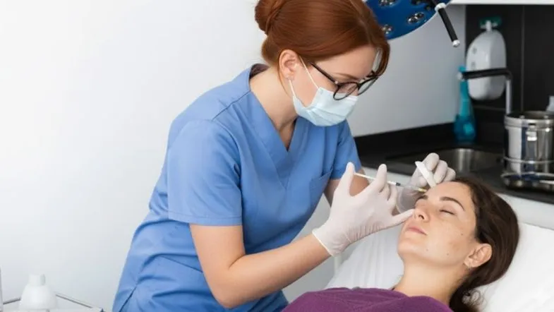 Enfermeira realizando aplicação injetável na face de uma paciente durante procedimento estético, demonstrando prática clínica supervisionada.