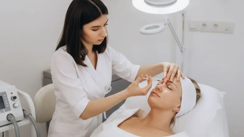 Faculdade ITH oferece aula prática de Harmonização Facial em Goiânia 6 Estudante de estética realiza aplicação facial em paciente dentro de sala clínica equipada com luz de procedimento.