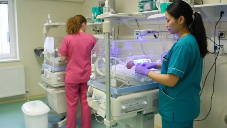 Duas profissionais de enfermagem cuidando de bebês em incubadoras dentro de uma UTI Neonatal equipada com fototerapia.