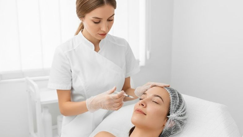 Aplicação de substância injetável no rosto de paciente por profissional da saúde em ambiente estético.