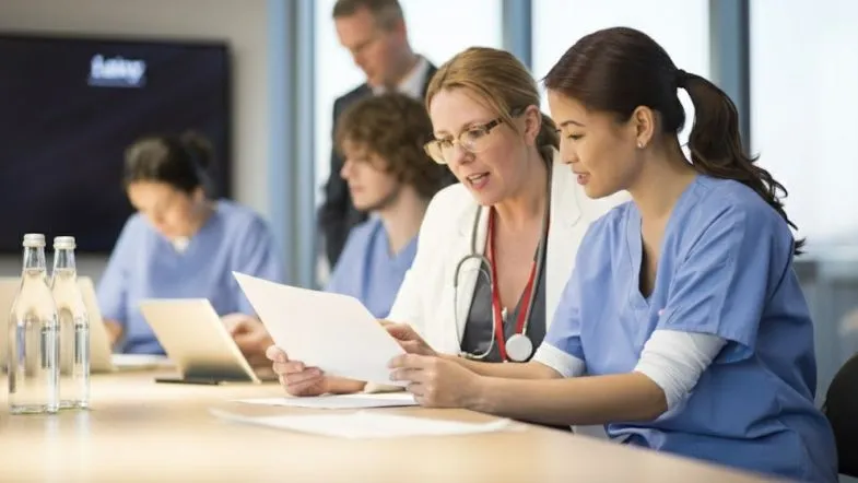 Gestão em Saúde 2026: competências essenciais que os hospitais vão exigir dos líderes 6 Equipe de profissionais da saúde analisando documentos em reunião, simbolizando gestão estratégica e tomada de decisão baseada em evidências.