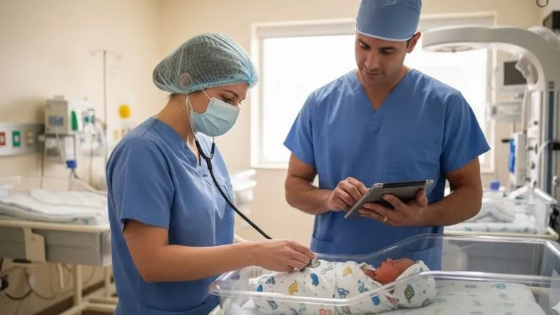 Enfermeira e médico realizando avaliação clínica de recém-nascido em berço aquecido na unidade neonatal.