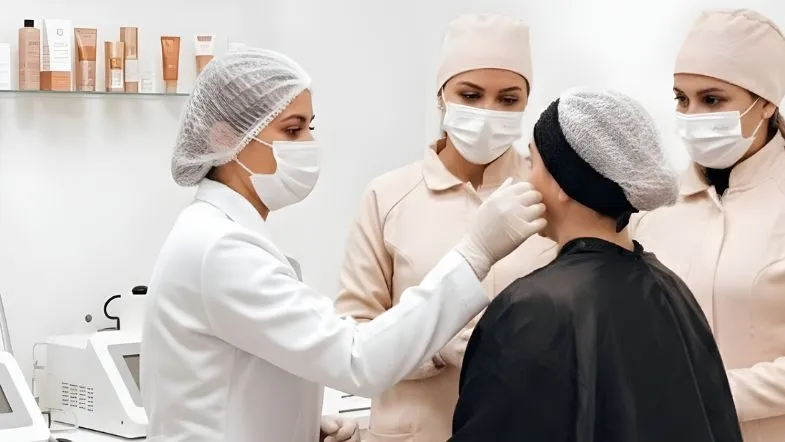 Faculdade ITH oferece aula prática de Harmonização Facial em Goiânia 7 Grupo de alunas observa profissional avaliando a face de uma paciente, durante aula prática de harmonização facial.