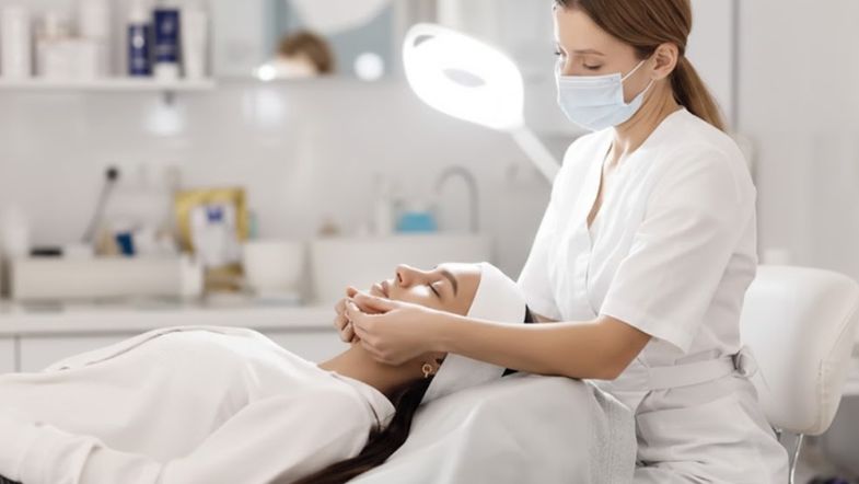 Profissional manipulando pele facial de paciente deitada em cadeira clínica, durante atendimento estético.