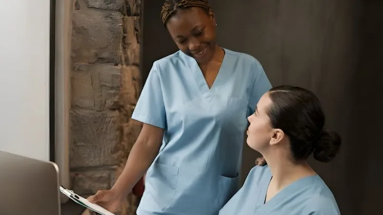 Gestão em Saúde 2026: competências essenciais que os hospitais vão exigir dos líderes 7 Duas profissionais da saúde conversando em ambiente clínico, reforçando competências de liderança humanizada e comunicação eficaz.