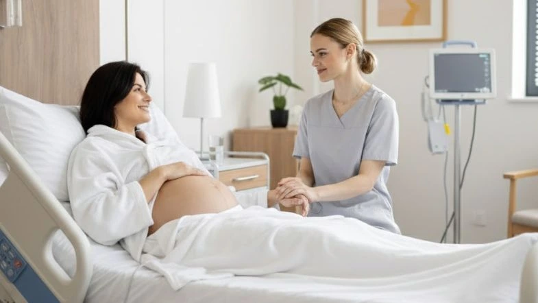 Parto baseado em evidências: o que muda para a enfermagem obstétrica em 2026 6 Enfermeira obstétrica apoiando gestante em leito hospitalar, reforçando cuidado humanizado e segura assistência ao parto.