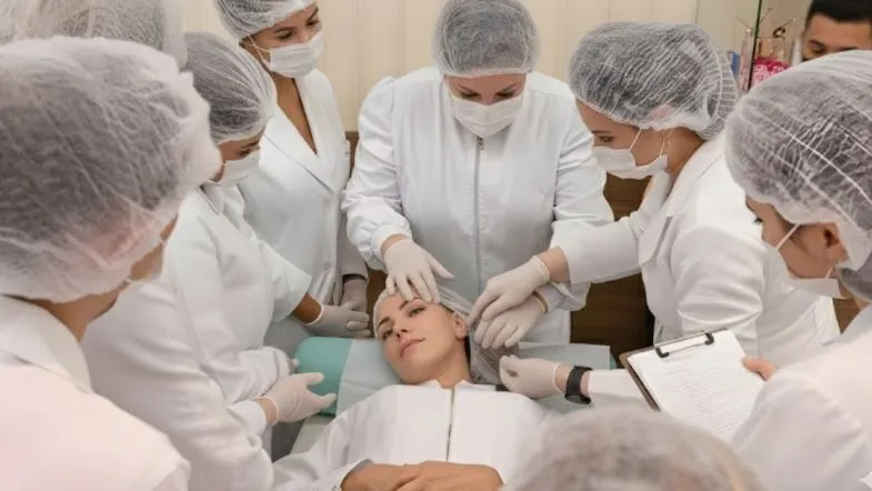Grupo de estudantes de estética aprendendo técnicas faciais em aula prática supervisionada com paciente modelo.