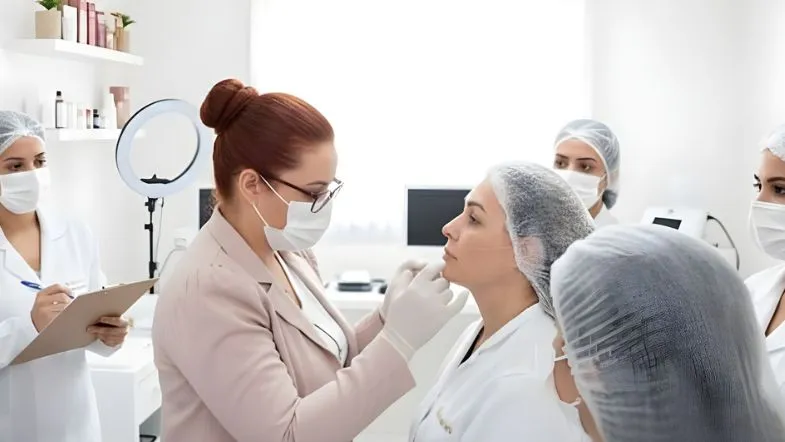 Faculdade ITH oferece aula prática de Harmonização Facial em Goiânia 8 Instrutora da Faculdade ITH demonstra técnica de harmonização facial em paciente enquanto alunas observam e registram informações.