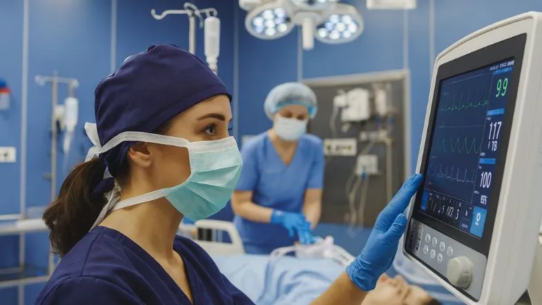 O futuro da emergência hospitalar: o que muda em 2026 e qual formação será obrigatória 8 Profissionais controlando equipamentos de monitorização em sala de emergência hospitalar.