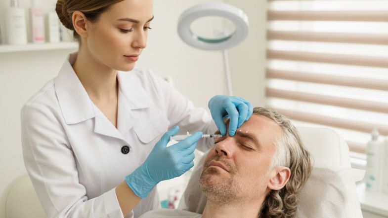 Aplicação de toxina facial em paciente adulto durante procedimento estético, com uso de luvas cirúrgicas.