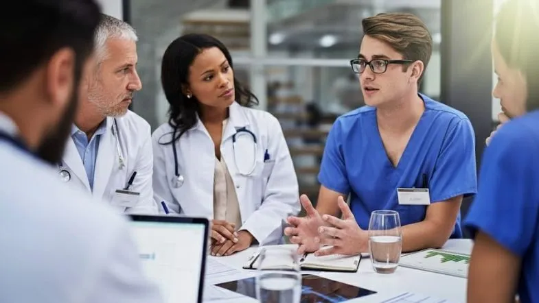 Gestão em Saúde 2026: competências essenciais que os hospitais vão exigir dos líderes 8 Profissionais da saúde discutindo estratégias em mesa de reunião, representando gestão de equipes multiprofissionais e colaboração clínica.