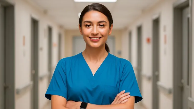 Enfermeira sorrindo em corredor de hospital, simbolizando confiança e preparo profissional em urgência e emergência.