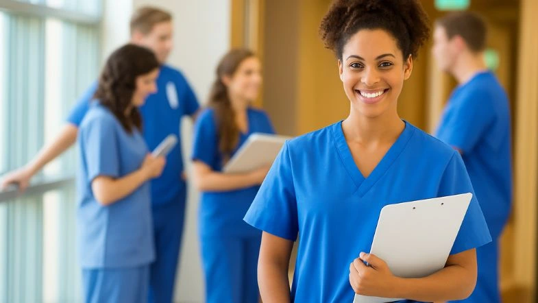 As áreas da enfermagem com maior demanda em 2026: por que a Urgência e Emergência lidera 9 Enfermeira sorridente com prontuário em ambiente hospitalar, representando liderança, empregabilidade e crescimento profissional na enfermagem.