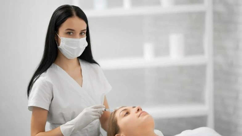 Enfermeira especializada realizando procedimento estético facial com técnica avançada em ambiente profissional de estética.